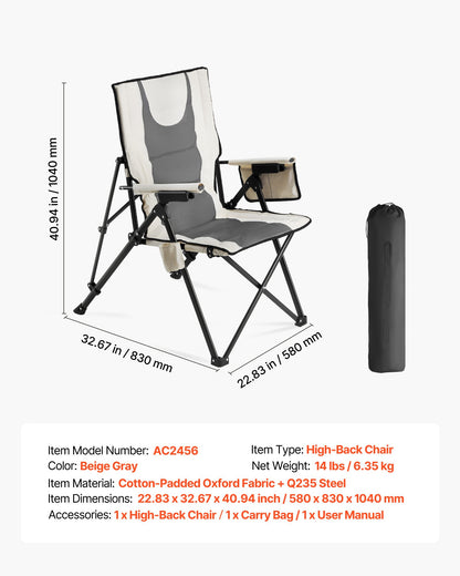 Hopfällbar campingstol, 3 vilpositioner, utomhus campingstol med hög rygg, 110 kg viktkapacitet, helt stoppade strandstolar med armstöd och nackstöd, bärbara trädgårdsstolar för sportresor