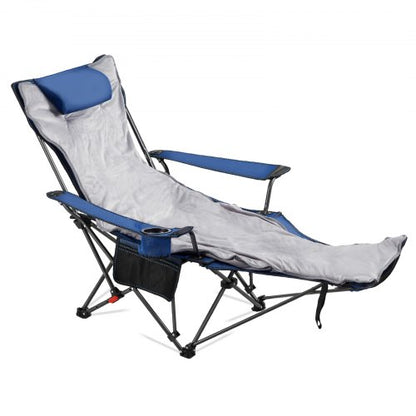 Fällbar campingstol, 4 justerbara positioner, bärbar hopfällbar solstol för vuxna, nätstrandstol med fotstöd och plyschdyna, stöder 220 lbs, kraftiga campingstolar för uteplats, blå