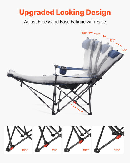 Fällbar campingstol, 4 justerbara positioner, bärbar hopfällbar solstol för vuxna, nätstrandstol med fotstöd och plyschdyna, stöder 220 lbs, kraftiga campingstolar för uteplats, blå