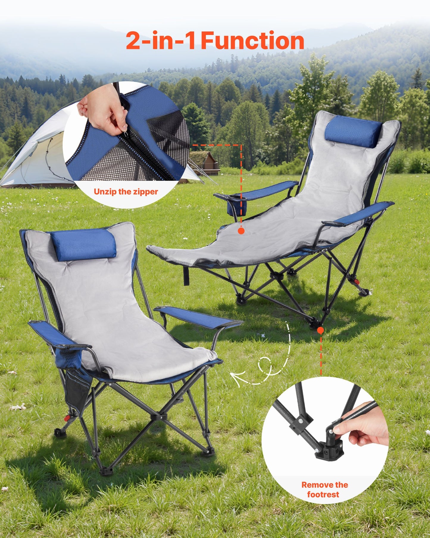 Fällbar campingstol, 4 justerbara positioner, bärbar hopfällbar solstol för vuxna, nätstrandstol med fotstöd och plyschdyna, stöder 220 lbs, kraftiga campingstolar för uteplats, blå