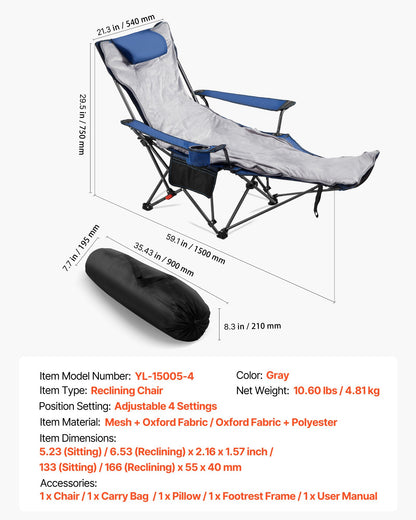 Fällbar campingstol, 4 justerbara positioner, bärbar hopfällbar solstol för vuxna, nätstrandstol med fotstöd och plyschdyna, stöder 220 lbs, kraftiga campingstolar för uteplats, blå