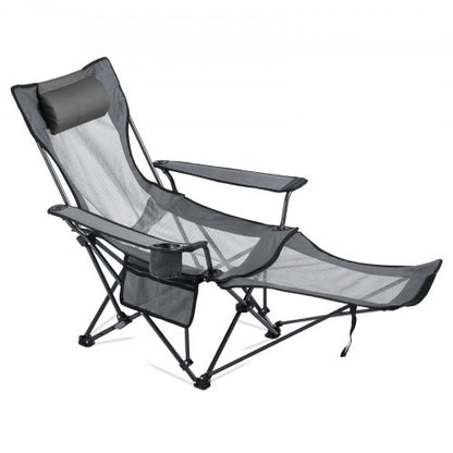 Fällbar campingstol, 4 justerbara positioner, bärbar hopfällbar solstol för vuxna, nätstrandstol med nackstöd och fotstöd, stöder 220 lbs, kraftiga campingstolar för uteplats, grå