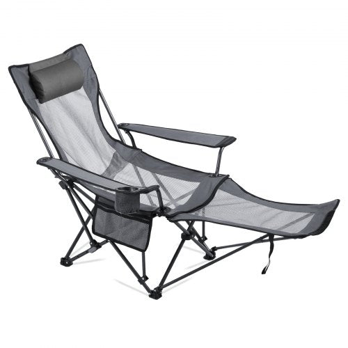 Fällbar campingstol, 4 justerbara positioner, bärbar hopfällbar solstol för vuxna, nätstrandstol med nackstöd och fotstöd, stöder 220 lbs, kraftiga campingstolar för uteplats, grå