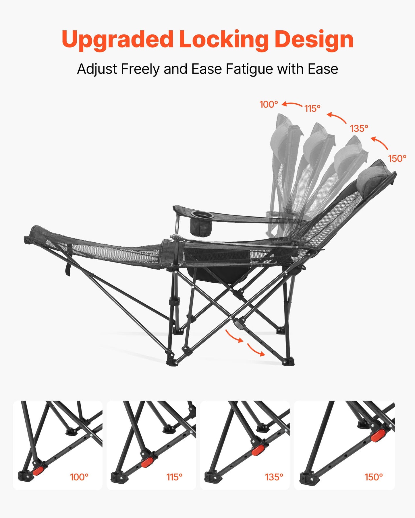 Fällbar campingstol, 4 justerbara positioner, bärbar hopfällbar solstol för vuxna, nätstrandstol med nackstöd och fotstöd, stöder 220 lbs, kraftiga campingstolar för uteplats, grå