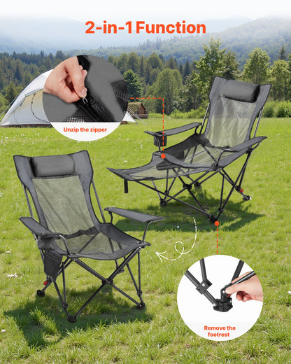 Fällbar campingstol, 4 justerbara positioner, bärbar hopfällbar solstol för vuxna, nätstrandstol med nackstöd och fotstöd, stöder 220 lbs, kraftiga campingstolar för uteplats, grå