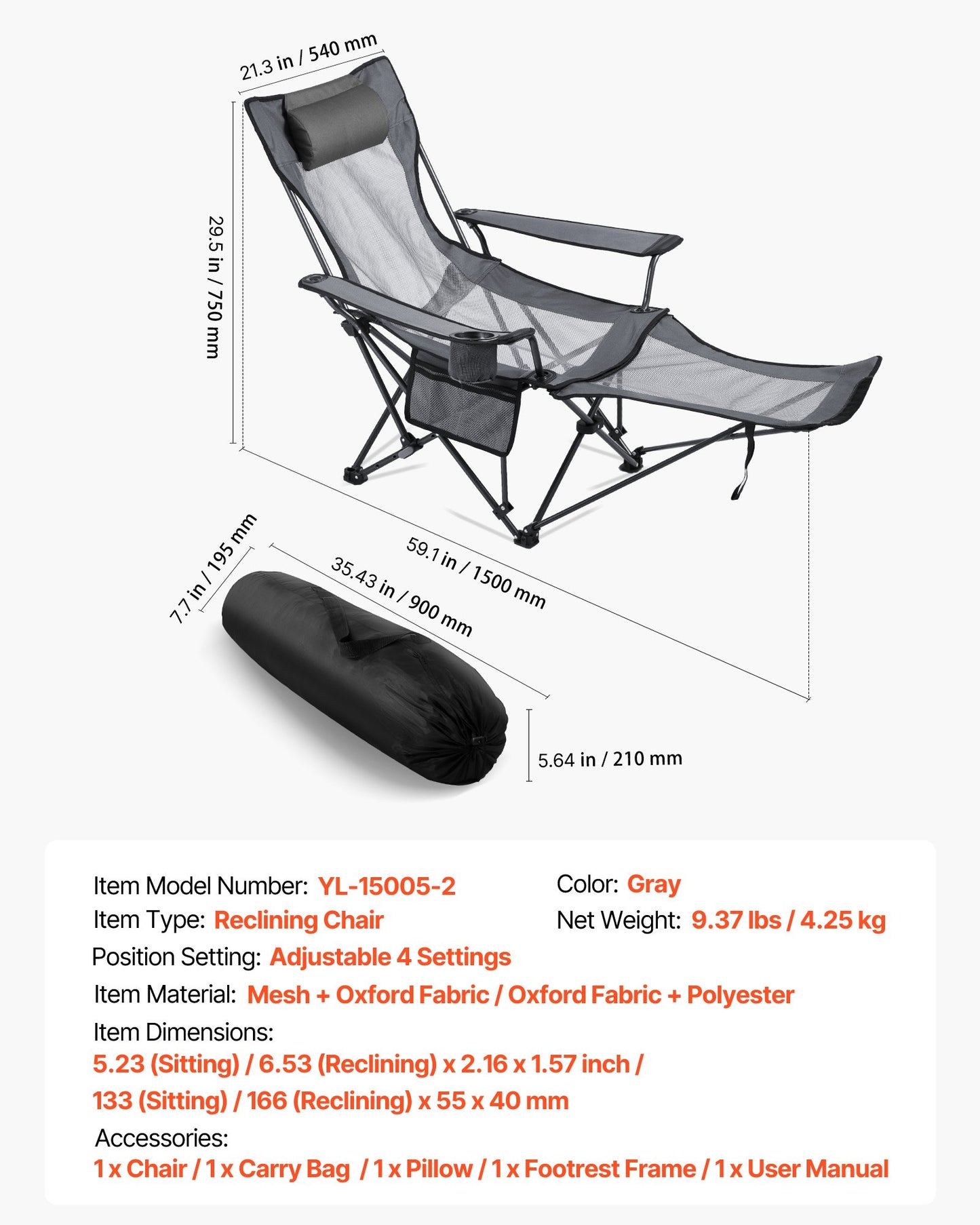 Fällbar campingstol, 4 justerbara positioner, bärbar hopfällbar solstol för vuxna, nätstrandstol med nackstöd och fotstöd, stöder 220 lbs, kraftiga campingstolar för uteplats, grå