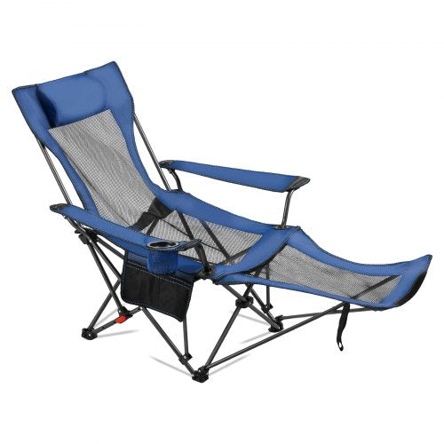 Reclining Camping Chair, 4 Adjustable Positions, Portable Folding Lounger for Adults, Mesh Beach Chair with Headrest & Foot Rest, Supports 220 lbs, Heavy Duty Camp Chairs for Patio, Blue
