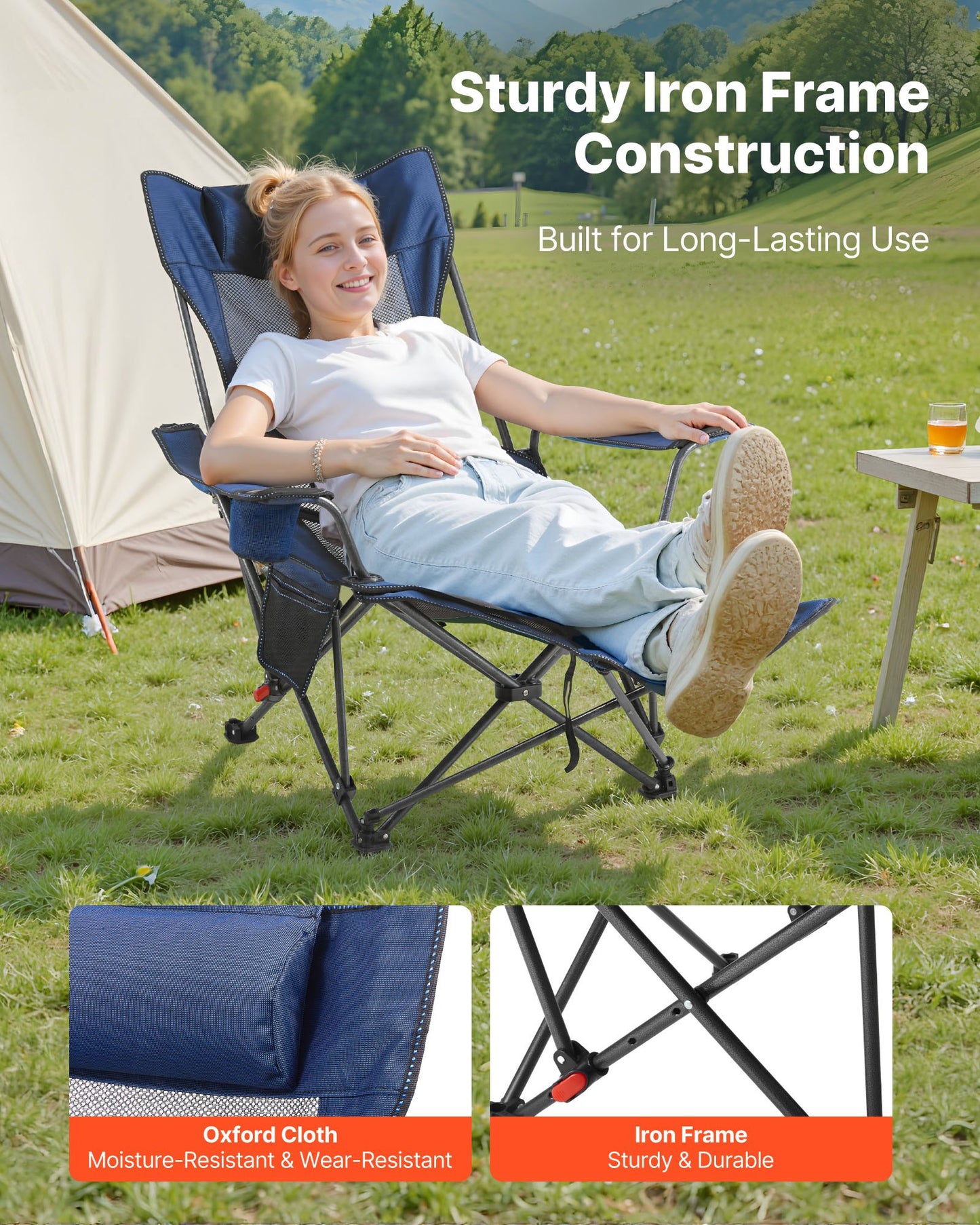 Fällbar campingstol, 4 justerbara positioner, bärbar hopfällbar solstol för vuxna, nätstrandstol med nackstöd och fotstöd, stöder 220 lbs, kraftiga campingstolar för uteplats, blå