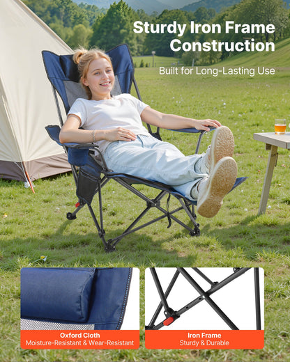 Fällbar campingstol, 4 justerbara positioner, bärbar hopfällbar solstol för vuxna, nätstrandstol med nackstöd och fotstöd, stöder 220 lbs, kraftiga campingstolar för uteplats, blå