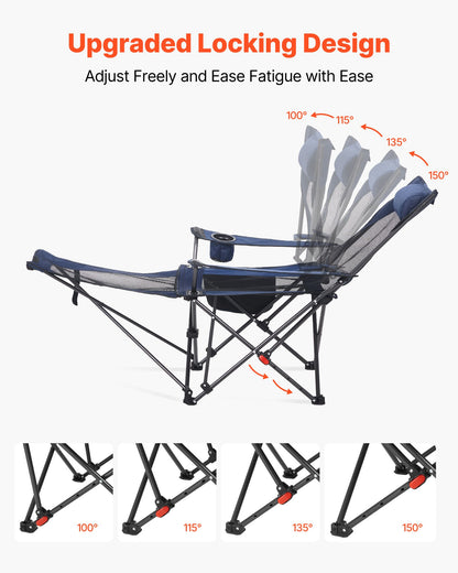 Fällbar campingstol, 4 justerbara positioner, bärbar hopfällbar solstol för vuxna, nätstrandstol med nackstöd och fotstöd, stöder 220 lbs, kraftiga campingstolar för uteplats, blå
