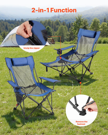 Fällbar campingstol, 4 justerbara positioner, bärbar hopfällbar solstol för vuxna, nätstrandstol med nackstöd och fotstöd, stöder 220 lbs, kraftiga campingstolar för uteplats, blå