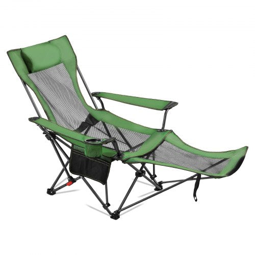 Fällbar campingstol, 4 justerbara positioner, bärbar hopfällbar solstol för vuxna, nätstrandstol med nackstöd och fotstöd, stöder 220 lbs, kraftiga campingstolar för uteplats, grön