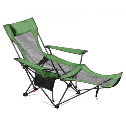 Fällbar campingstol, 4 justerbara positioner, bärbar hopfällbar solstol för vuxna, nätstrandstol med nackstöd och fotstöd, stöder 220 lbs, kraftiga campingstolar för uteplats, grön
