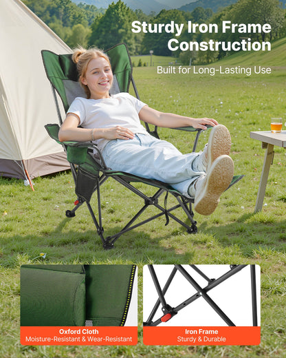 Fällbar campingstol, 4 justerbara positioner, bärbar hopfällbar solstol för vuxna, nätstrandstol med nackstöd och fotstöd, stöder 220 lbs, kraftiga campingstolar för uteplats, grön