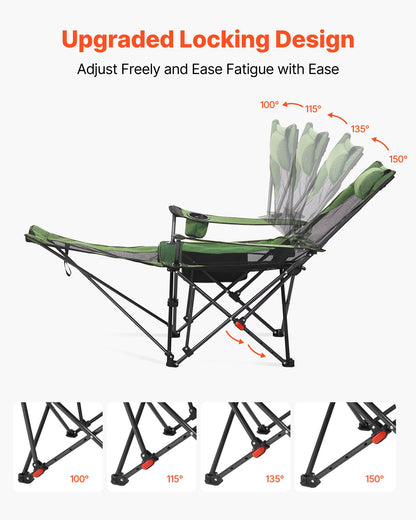 Fällbar campingstol, 4 justerbara positioner, bärbar hopfällbar solstol för vuxna, nätstrandstol med nackstöd och fotstöd, stöder 220 lbs, kraftiga campingstolar för uteplats, grön