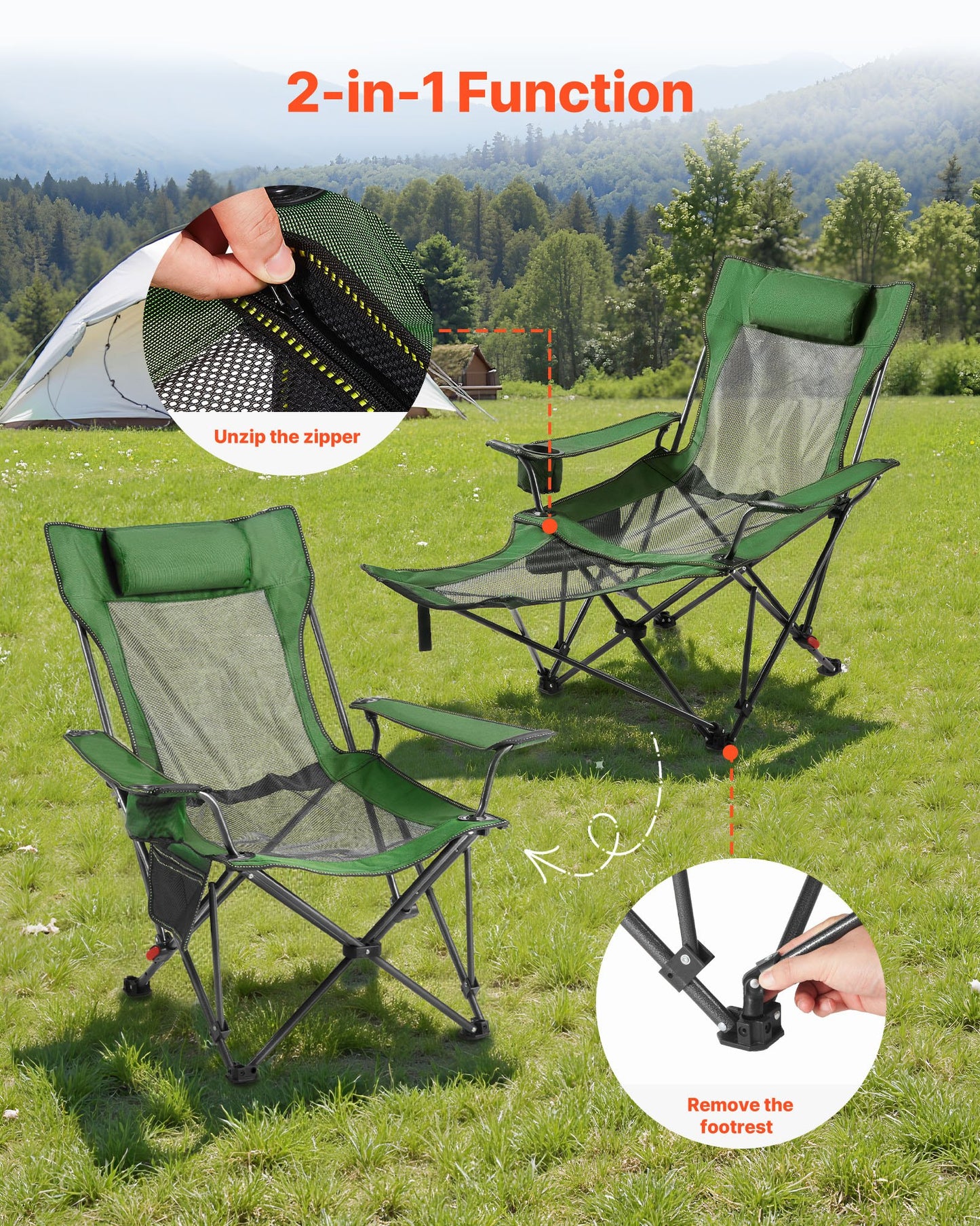 Fällbar campingstol, 4 justerbara positioner, bärbar hopfällbar solstol för vuxna, nätstrandstol med nackstöd och fotstöd, stöder 220 lbs, kraftiga campingstolar för uteplats, grön