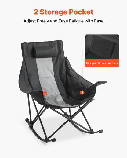Gungstol för camping, bärbar hopfällbar gungstol, kraftig trädgårdsstol med mugghållare och ficka, stöder 225 kg, helt stoppade campingstolar för utomhusterrass, bakgård, veranda, trädgård