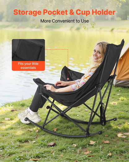 Gungstol för camping, bärbar hopfällbar gungstol, kraftig trädgårdsstol med mugghållare och ficka, stöder 225 kg, helt stoppade campingstolar för utomhusterrass, bakgård, veranda, trädgård