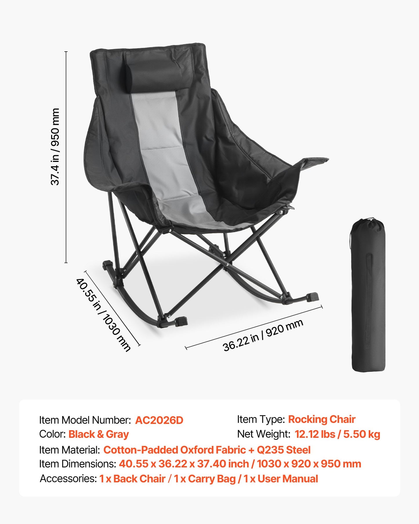 Rocking Camping Chair, Portable Folding Rocker, Heavy-Duty Lawn Chair Recliner with Cupholder & Pocket, Supports 225lbs, Fully Padded Camp Chairs for Outdoor Patio Backyard Porch Garden