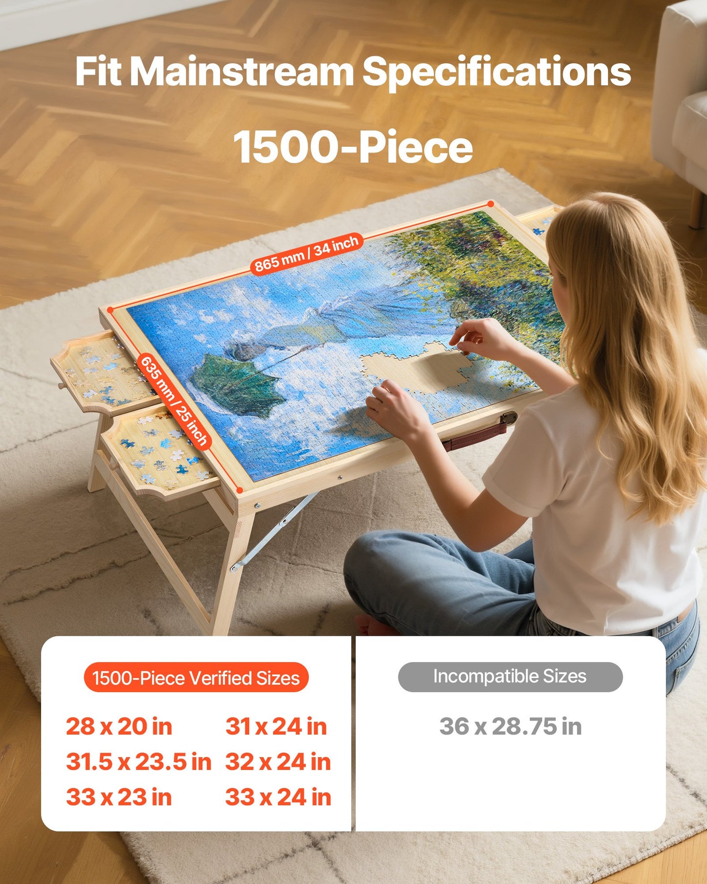 1500-bitars pusselbord med fällbara ben, 4 lådor och lock, 86x63 cm bärbar träplatta, pusseltillbehör för vuxna, pusselorganisatör och förvaringssystem, födelsedagspresent till mamma