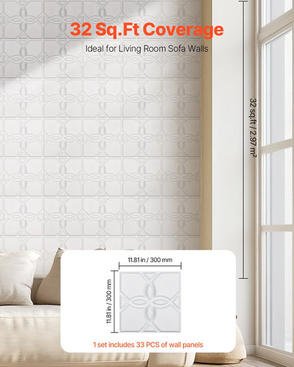 3D-väggpaneler, 33-pack 11,81 x 11,81 tum PVC modern konst minimalistisk blommig plattor, 32 kvm täckande accentväggpanel, inredning för tak, sovrum, vardagsrum och spelrum, mattvit