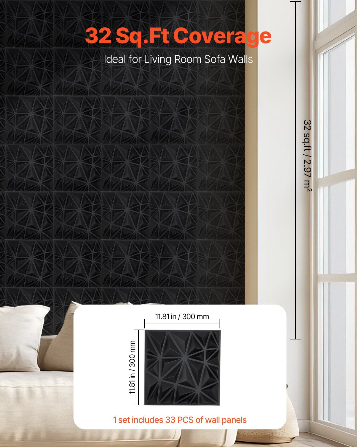 3D-väggpaneler, 33-pack 11,81 x 11,81 tum PVC modern konst minimalistisk diamantplattor, 32 kvm täckande accentväggpanel, inredning för tak, sovrum, vardagsrum och spelrum, mattsvart