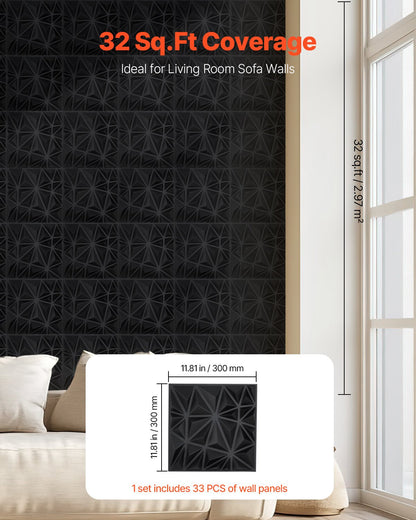 3D-väggpaneler, 33-pack 11,81 x 11,81 tum PVC modern konst minimalistisk diamantplattor, 32 kvm täckande accentväggpanel, inredning för tak, sovrum, vardagsrum och spelrum, mattsvart
