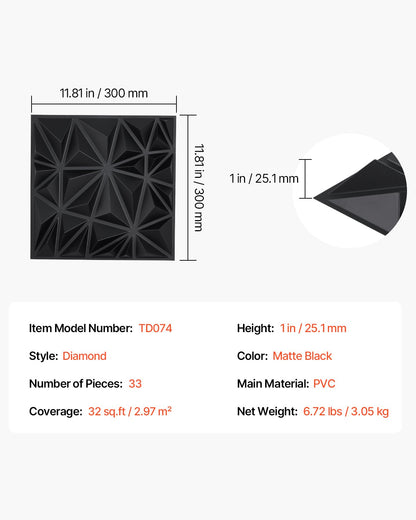 3D-väggpaneler, 33-pack 11,81 x 11,81 tum PVC modern konst minimalistisk diamantplattor, 32 kvm täckande accentväggpanel, inredning för tak, sovrum, vardagsrum och spelrum, mattsvart