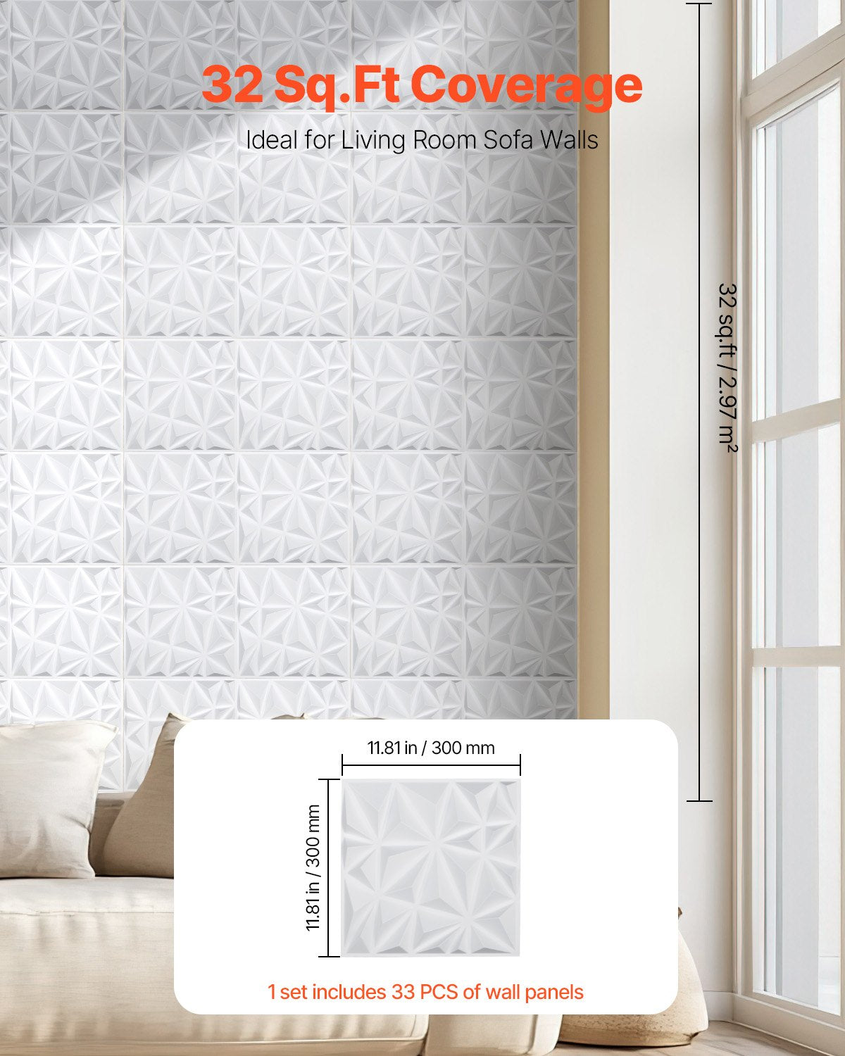 3D-väggpaneler, 33-pack 11,81 x 11,81 tum PVC modern konst minimalistisk diamantplattor, 32 kvm täckande accentväggpanel, inredning för tak, sovrum, vardagsrum och spelrum, mattvit