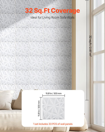 3D-väggpaneler, 33-pack 11,81 x 11,81 tum PVC modern konst minimalistisk diamantplattor, 32 kvm täckande accentväggpanel, inredning för tak, sovrum, vardagsrum och spelrum, mattvit
