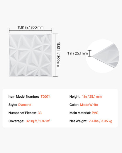 3D-väggpaneler, 33-pack 11,81 x 11,81 tum PVC modern konst minimalistisk diamantplattor, 32 kvm täckande accentväggpanel, inredning för tak, sovrum, vardagsrum och spelrum, mattvit