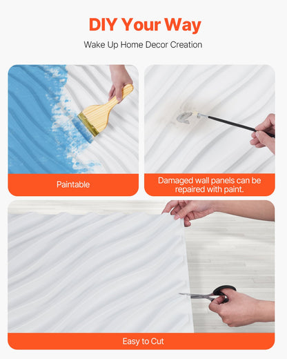 3D-väggpaneler, 12-pack 47 x 47 cm PVC modern konst minimalistisk vågformad väggplatta, 32 kvm täckande accentväggpanel, heminredning för tak, sovrum, vardagsrum och spelrum, mattvit