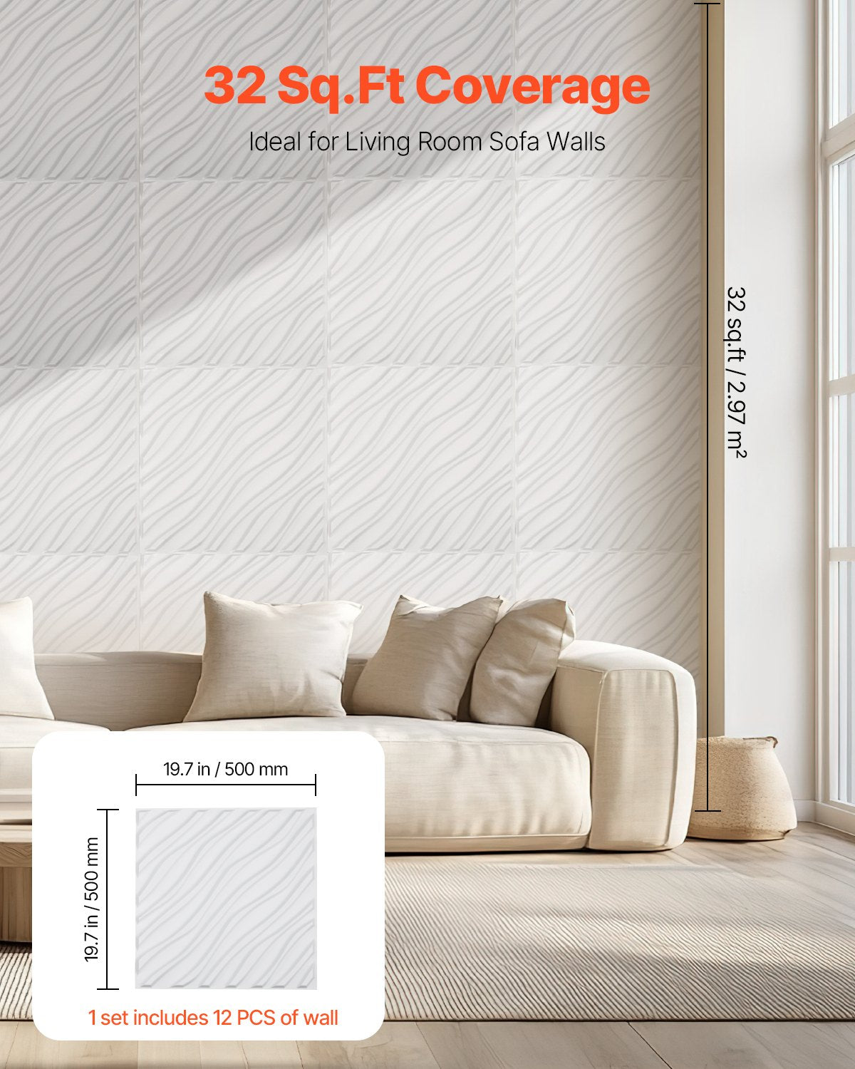 3D-väggpaneler, 12-pack 47 x 47 cm PVC modern konst minimalistisk vågformad väggplatta, 32 kvm täckande accentväggpanel, heminredning för tak, sovrum, vardagsrum och spelrum, mattvit