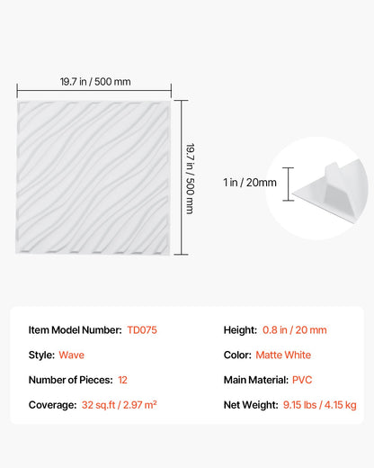 3D-väggpaneler, 12-pack 47 x 47 cm PVC modern konst minimalistisk vågformad väggplatta, 32 kvm täckande accentväggpanel, heminredning för tak, sovrum, vardagsrum och spelrum, mattvit