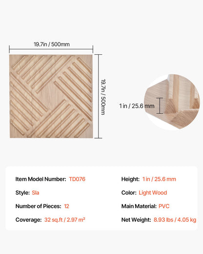 3D-väggpaneler, 12-pack 47 x 47 cm PVC modern konst minimalistisk saltplattor, 32 kvm täckande accentväggpanel, heminredning för tak, sovrum, vardagsrum och spelrum, ljus träfärg