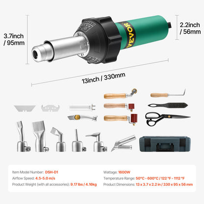 Varmluftssvets för plast, 1600W varmluftspistol, 122-1112℉ PVC TPO vinylvärmepistol svetsbrännare, svetssats för plasttak med 17 tillbehör - verktygslåda, munstycke, rulle, blad för PP/PE/PVC