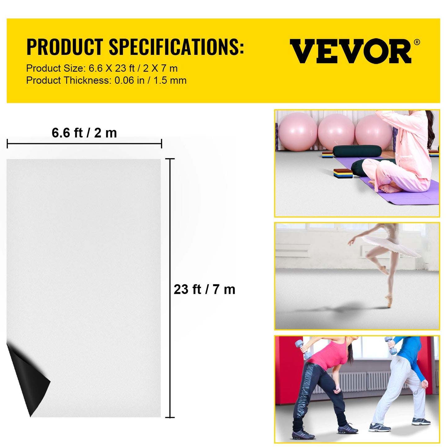 Dansgolv, 6,6x23 fot dansgolvsrulle, 0,06 tum tjockt PVC-vinyldansgolv, svart/vitt vändbart bärbart dansgolv, halkfritt dansgolv, balettdansgolv för jazz, pop, lyrisk stil