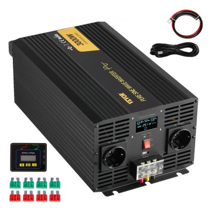 Ren sinusvågsväxelriktare, 3000 watt, DC 24V till AC 230V strömförsörjningsväxelriktare för bil, med USB-port, LCD-skärm, fjärrkontroll och EU-uttag, för husbil, lastbil, bil, solcellssystem, resor, camping