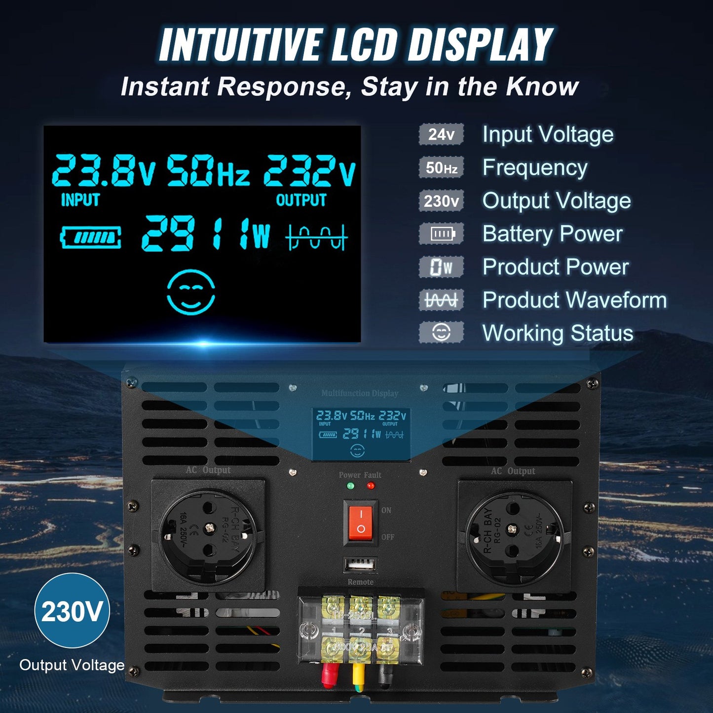 Ren sinusvågsväxelriktare, 3000 watt, DC 24V till AC 230V strömförsörjningsväxelriktare för bil, med USB-port, LCD-skärm, fjärrkontroll och EU-uttag, för husbil, lastbil, bil, solcellssystem, resor, camping