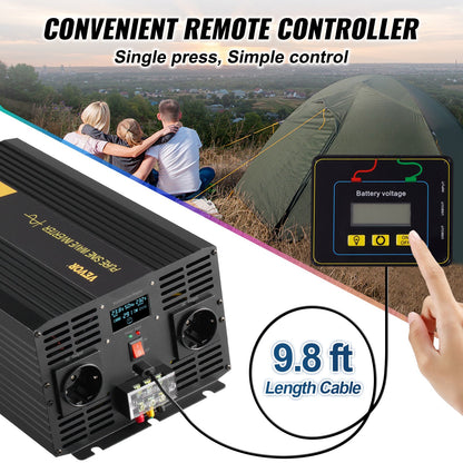 Ren sinusvågsväxelriktare, 3000 watt, DC 24V till AC 230V strömförsörjningsväxelriktare för bil, med USB-port, LCD-skärm, fjärrkontroll och EU-uttag, för husbil, lastbil, bil, solcellssystem, resor, camping