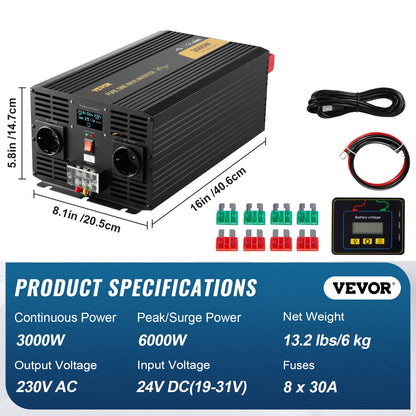 Ren sinusvågsväxelriktare, 3000 watt, DC 24V till AC 230V strömförsörjningsväxelriktare för bil, med USB-port, LCD-skärm, fjärrkontroll och EU-uttag, för husbil, lastbil, bil, solcellssystem, resor, camping
