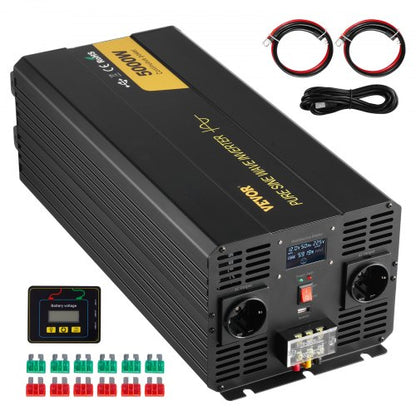 Ren sinusvågsväxelriktare, 5000 watt, strömomvandlare, DC 12V till AC 230V bilväxelriktare med LCD-skärm USB-port och fjärrkontroll, strömomvandlare för bil, husbil, lastbil, solsystem, resor, camping