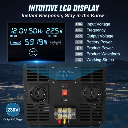 Ren sinusvågsväxelriktare, 5000 watt, strömomvandlare, DC 12V till AC 230V bilväxelriktare med LCD-skärm USB-port och fjärrkontroll, strömomvandlare för bil, husbil, lastbil, solsystem, resor, camping