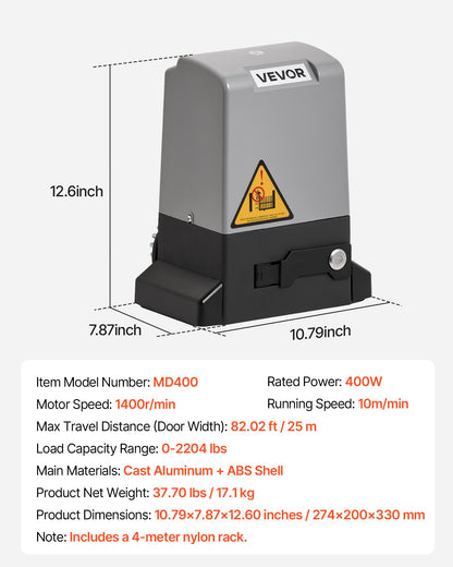 Automatisk grindöppnare, 400W elektrisk skjutgrindsöppnare för dörrar upp till 25m 1000kg, rullportsmotor i nylon med kuggstång, infraröd sensor och 2 fjärrkontroller, grindöppningssystem för uppfarter