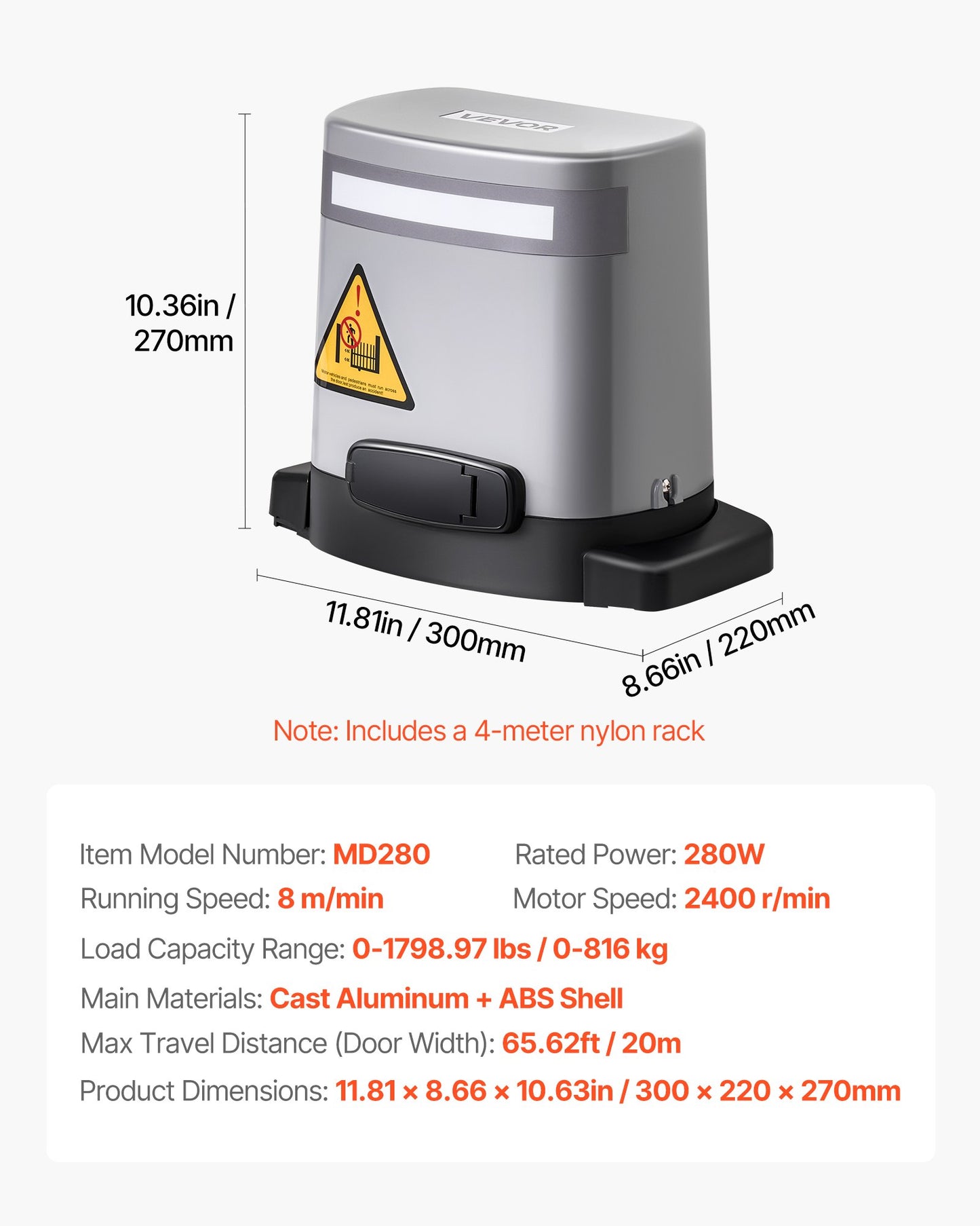 Solcellsdriven skjutgrindsöppnare, 280W elektrisk grindöppnare för dörrar upp till 20m 816kg, kugghjulsspårsdörrmotor med infraröd sensor och 2 fjärrkontroller, grindöppningssystem för uppfarter