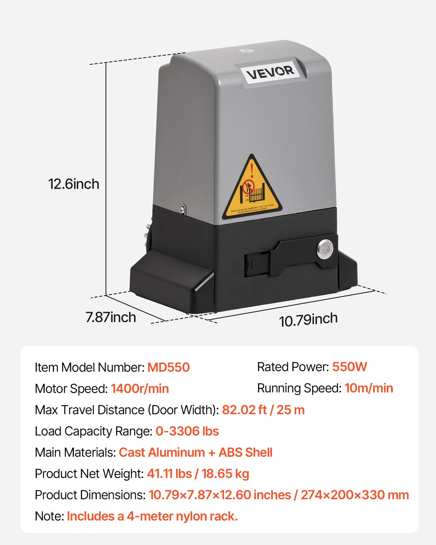 Automatisk grindöppnare, 550W elektrisk skjutgrindsöppnare för dörrar upp till 25m 1500kg, rullportsmotor i nylon med kuggstång, infraröd sensor och 2 fjärrkontroller, grindöppningssystem för uppfarter
