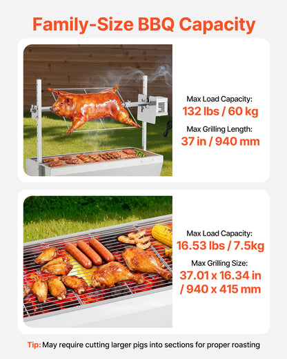 Rotisserie Grill, 38W BBQ Outdoor Pig & Lamb Spit Roaster, Charcoal Spit Roaster with 60 kg Capacity, Wheels & 7-Level Height, Stainless Steel Electric Rotisserie Grill Kit for Camping Outdoor