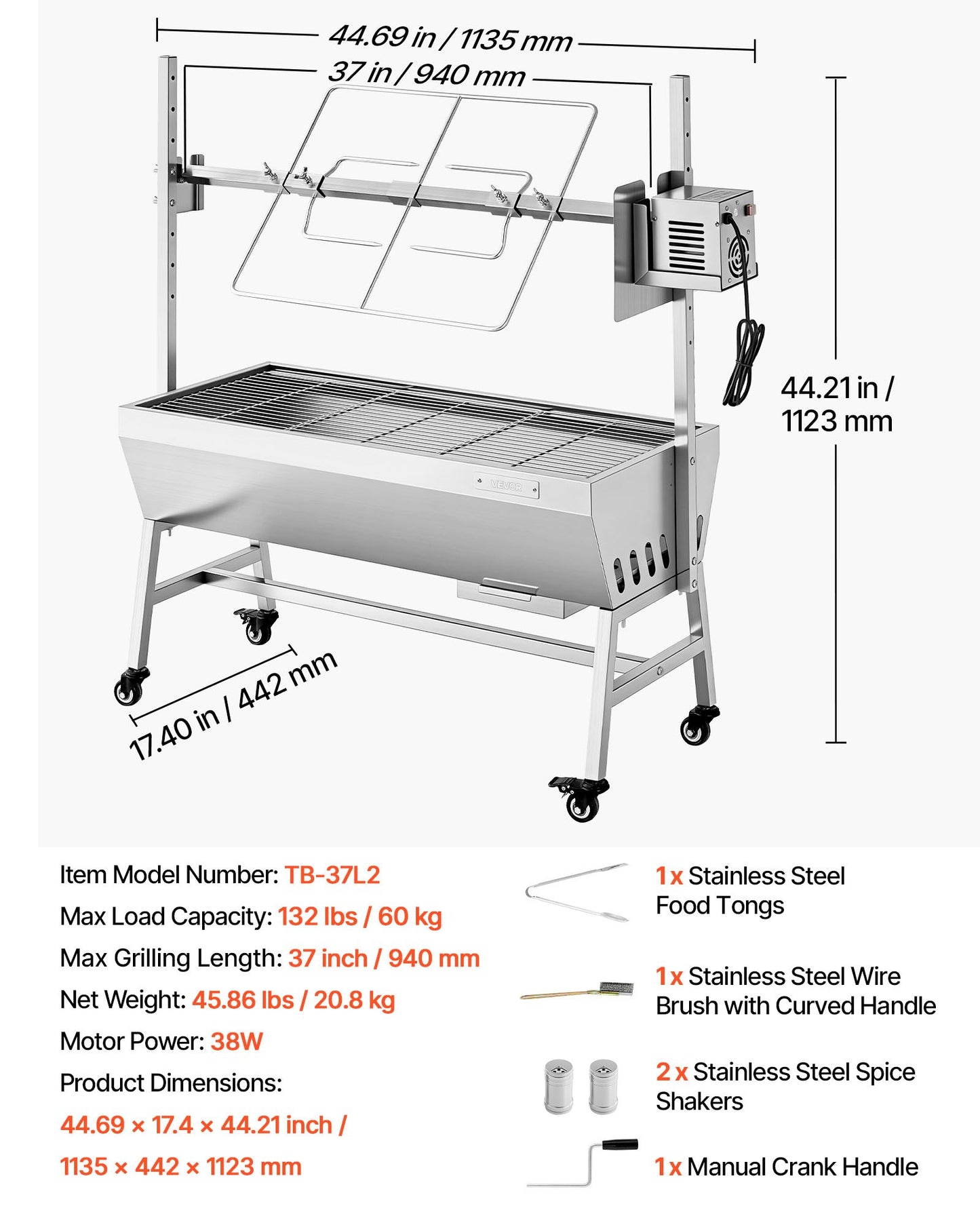 Rotisserie Grill, 38W BBQ Outdoor Pig & Lamb Spit Roaster, Charcoal Spit Roaster with 60 kg Capacity, Wheels & 7-Level Height, Stainless Steel Electric Rotisserie Grill Kit for Camping Outdoor