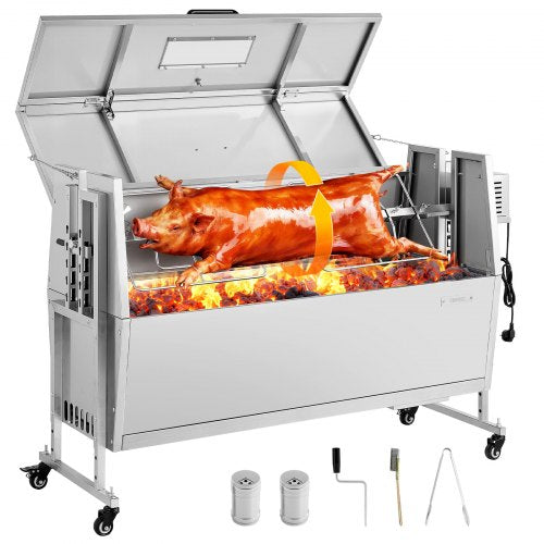 Rotisserie Grill, 38W BBQ Outdoor Pig & Lamb Spit Roaster, Charcoal Spit Roaster with 60 kg Capacity, Wheels & 4-Level Height, Stainless Steel Electric Rotisserie Grill Kit for Camping Outdoor