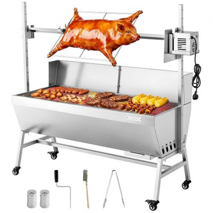 Rotisserie Grill, 38W BBQ Outdoor Pig & Lamb Spit Roaster, Charcoal Spit Roaster with 60 kg Capacity, Wheels & 4-Level Height, Stainless Steel Electric Rotisserie Grill Kit for Camping Outdoor